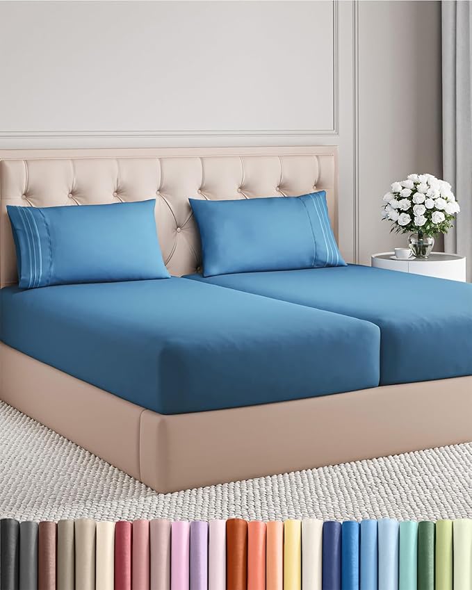 Split King Size 5 Piece Sheet Set - Comfy Breathable & Cooling Bed Sheets Set - Hotel Luxury Bedding for Women, Men, Kids, Teens, Boys & Girls - Deep Pockets and Wrinkle Free - Oeko-Tex - Denim Blue