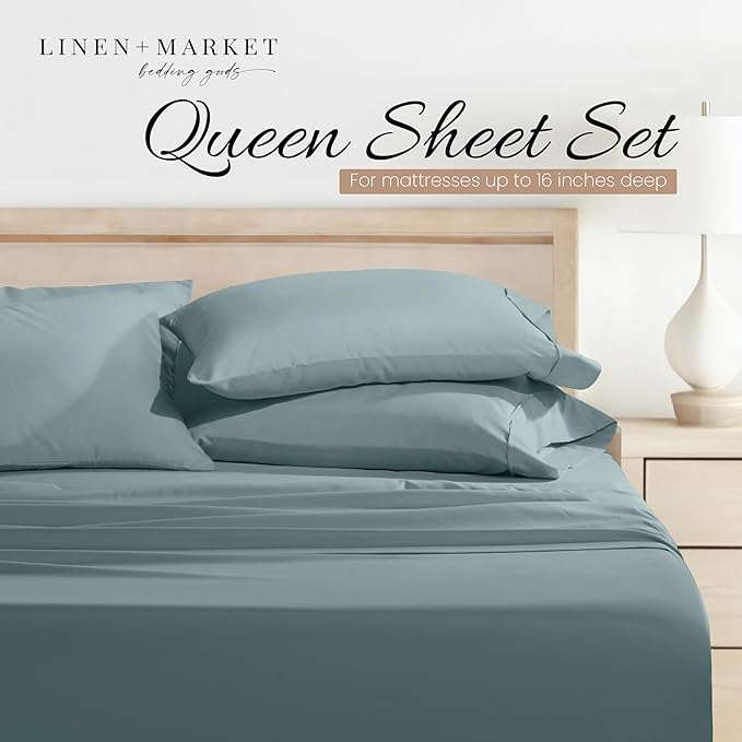 Linen Market Bed Sheets for Queen Size Bed (Ocean) - Sleep Better Than Ever with These Soft and Cooling Queen Sheets - Deep Pocket Fits 16" Thick Beds - 4 Piece Sheet Set