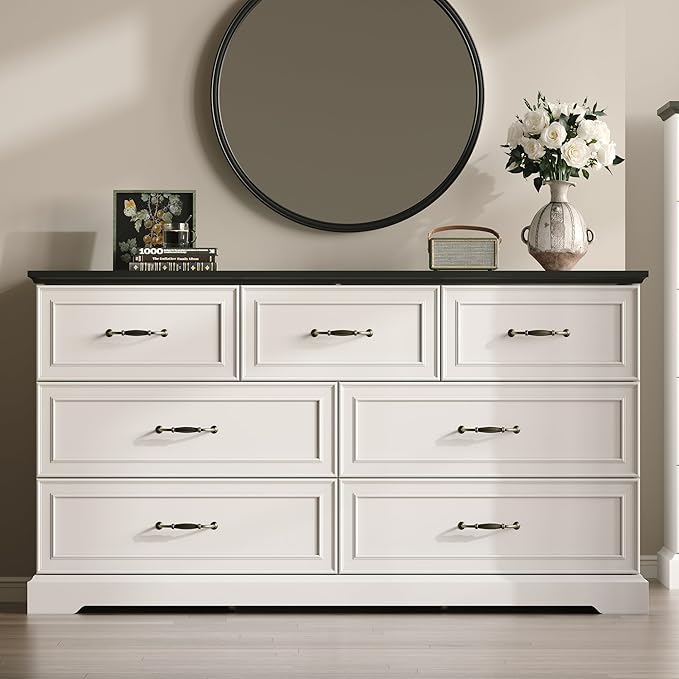 Farmhouse 7 Drawers Dresser for Bedroom, 57" Wide Modern Chest of Drawers with Deep Drawers & Bar Handles, Rustic Wood Dresser TV Stand, Wooden Closet Storage Organizer for Living Room, Hallway, White