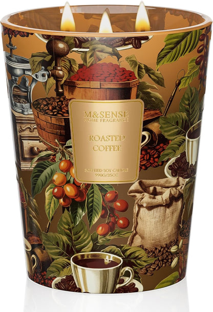 M&SENSE Roasted Coffee Scented Candle, 3 Wick Soy Natural Wax Candles, 35oz 150H Long Lasting, Stress Relief Home Fragrance Housewarming Gifts