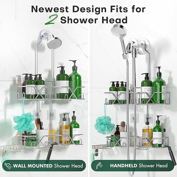 Stainless Steel Shower Caddy for Handheld Shower Heads,Rustproof Hose Shower Organizer Adjustable Length Shower Rack with 24 Hooks,Razor Holder,Soap Holder