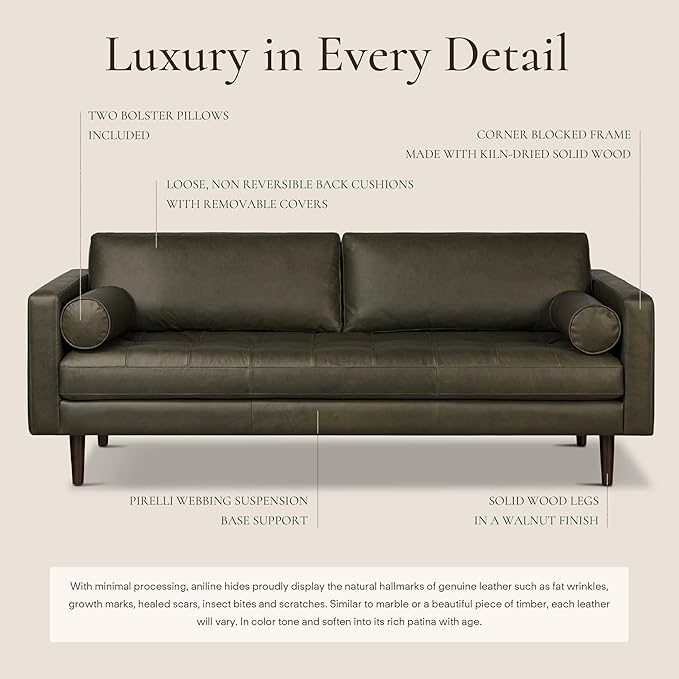 Poly & BARK Napa 88.5" Leather Sofa – Full-Grain Italian-Tanned Aniline Leather, Feather-Down Comfort, Solid Wood Frame, Walnut Legs, Olivine Green