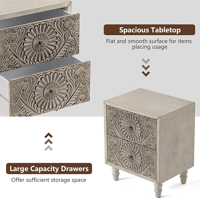 COSIEST 2 Pieces Nightstand, 14" D x 18" W x 21.5" H MDF End Table with 2 Drawers, Vintage Style Wood Bedside Table, Bedroom Accessories for Home, Office, College Dorm