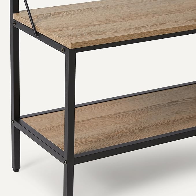 Amazon Basics Entry Bench with Hooks, Hall Tree with Shoe Storage Bench, Steel Frame, Oak Finish