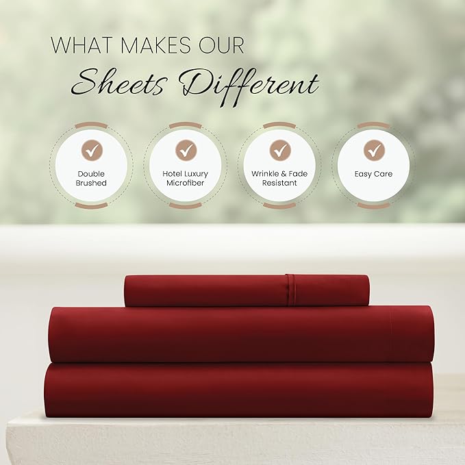 Linen Market Brushed Microfiber Twin Sheet Set 3 Piece – Oeko-TEX Certified Ultra Soft & Wrinkle-Free - 16" Deep Pocket Sheets - Easy Care Twin Size - Burgundy
