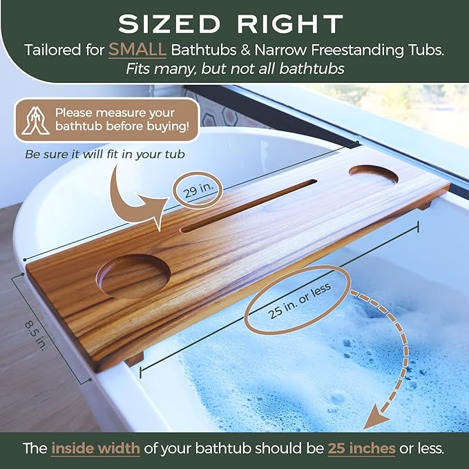 Superior Teak Bath Tub Tray Wood for Small Tubs - Adjustable Bathtub Table Tray - Sustainable Minimalist Bathtub Shelf Across Tub - Anti-Slip Bathroom Accessories Holders for Tub 29" in.