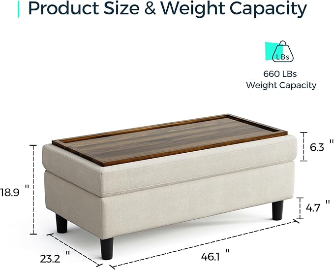 LINSY HOME 46 Inches Wide Storage Ottoman Bench, Linen Coffee Table Folding Long Shoes Bench Footstool, Storage Chest, Foot Rest Stool, for The Living Room, Entryway and Family Room, Beige
