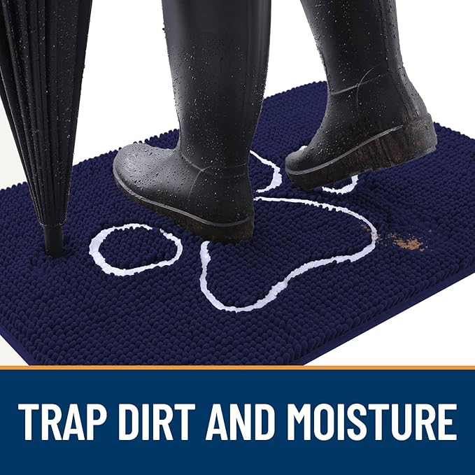 OLANLY Dog Door Mat for Muddy Paws 47x32, Paw Print Design, Absorbs Moisture and Dirt, Absorbent Non-Slip Washable Doormat, Quick Dry Chenille Mud Mat for Dogs, Entry Indoor Entryway Carpet, Navy Blue