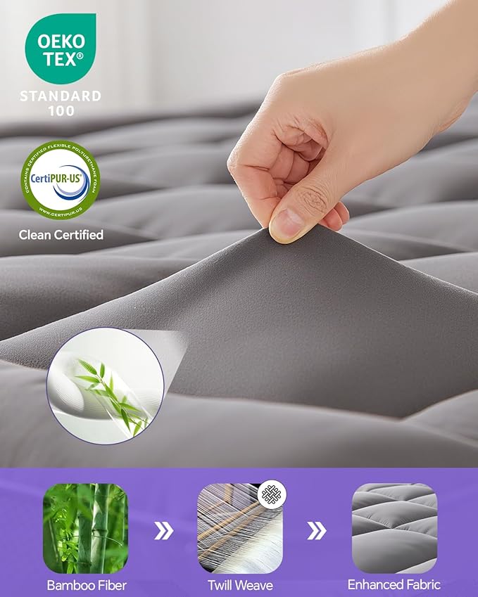 Dual Layer 4 Inch Memory Foam Mattress Topper Twin - 2 Inch Gel Memory Foam and 2 Inch Pillow Top Mattress Pad, 7-Zone Egg Crate Twin Size Mattress Topper (Grey)