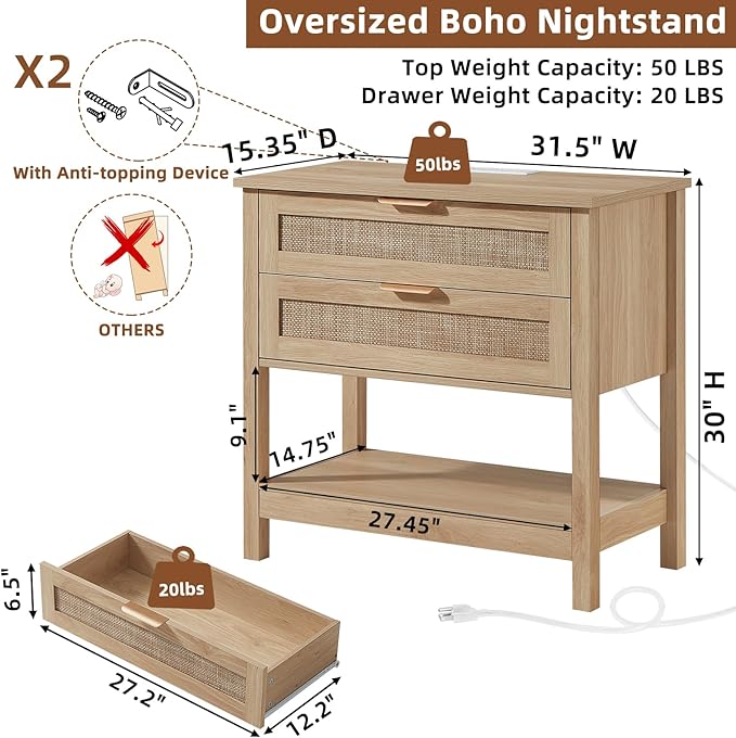 LEYAOYAO 31.5" Wide Rattan Night Stand Set 2 with Charger Station, Oversized Large Boho Nightstand with 2 Drawer, Natural Wood Bed Side End Tables, Tall Bedside Table for Bedroom Living Room, Hallway