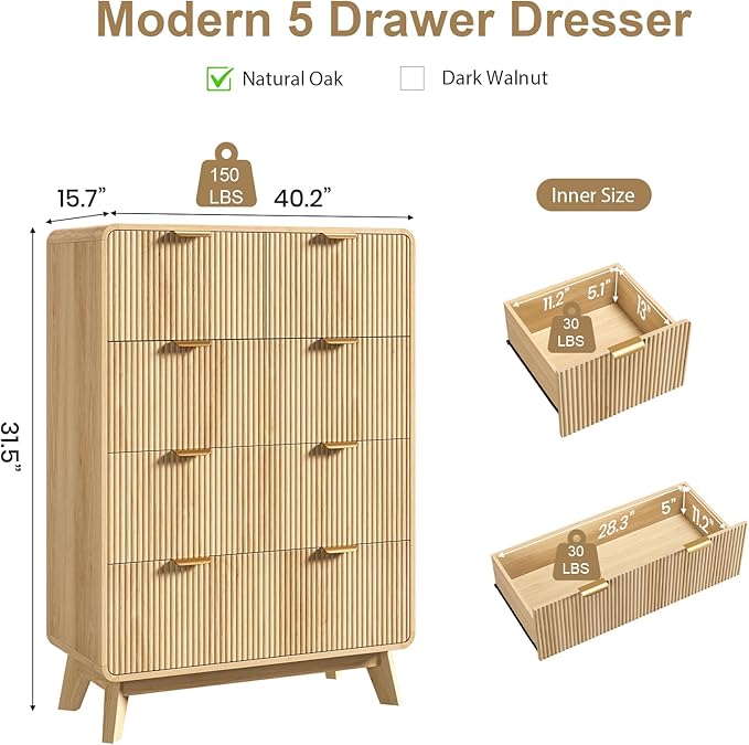 QUW Fluted Dresser for Bedroom with 5 Drawers, Modern 40.2" Tall Drawer Dressers with Metal Handle, Wooden Chest of Dresser for Living Room, Hallway, Natural Oak
