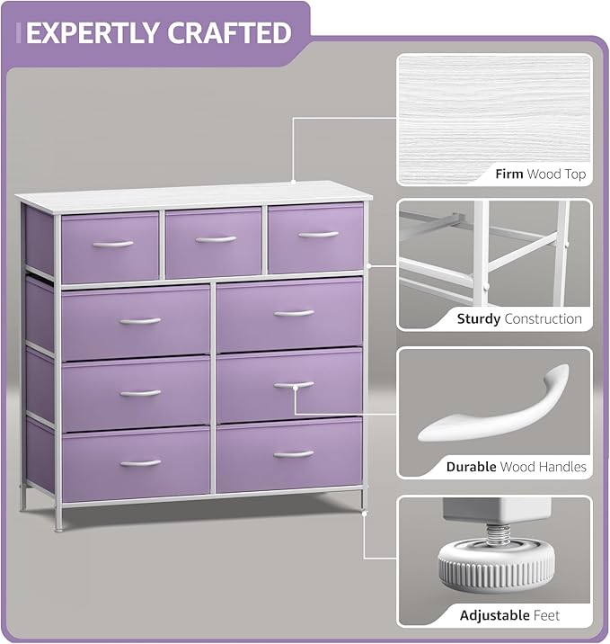 Sorbus Kids Dresser with 9 Drawers - Furniture Storage Chest Tower Unit for Bedroom, Hallway, Closet, Office Organization - Steel Frame, Wood Top, Fabric Bins (Purple, Solid)