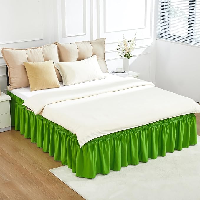 RIMELA Green Bed Skirt Queen Size 18 Inch Drop, Elastic Bed Skirting for Bed Base and Frame, Bedding Dust Ruffle Easy to Install, Lightweight Wrap Around Adjustable Bedskirt