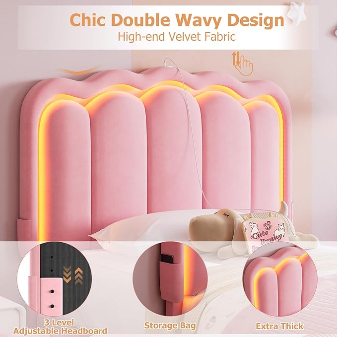 Velvet Upholstered Twin LED Bed Frame with Storage Drawer and Adjustable Chic Double Wavy Headboard, Princess Platform Bed for Girls/Kids, Solid Wood Slats Support, No Box Spring Needed, Pink