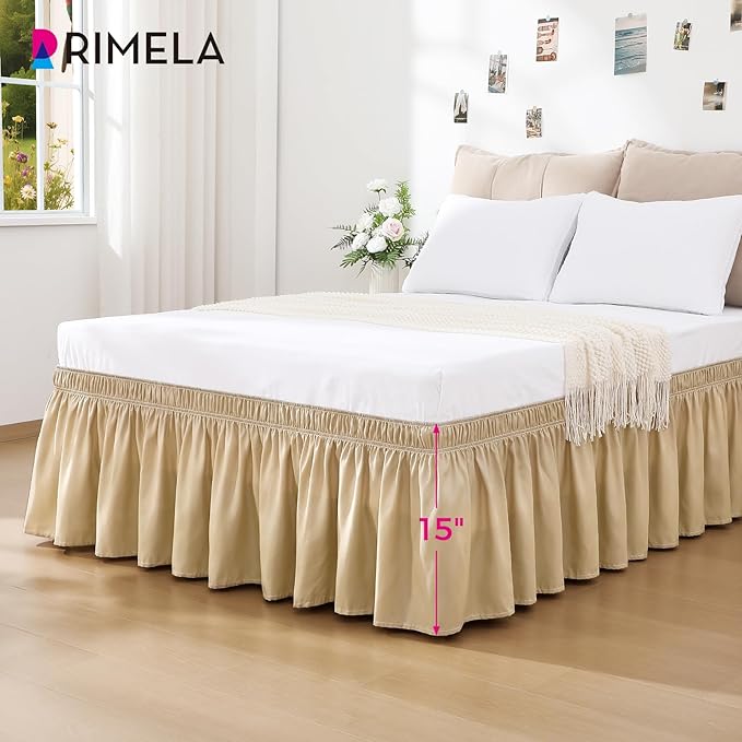 RIMELA Beige Bed Skirt Queen Size 15 Inch Drop, Wrap Around Elastic Bedskirt, Dust Ruffle for Adjustable Bed Base Machine Washable Easy to Install Bed Skirts