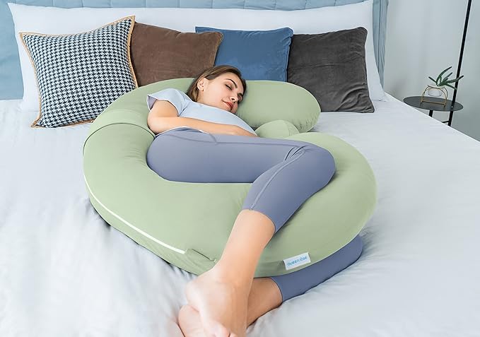 QUEEN ROSE Cooling Pregnancy Pillows - E Shaped Pregnancy Pillows for Sleeping, Detachable Body Pillow for Pregnant Side Sleeper, Cooling Silky Cotton Cover, Sage Green