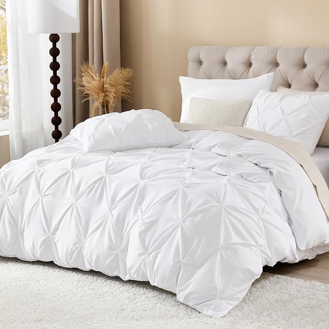 Litanika White Oversized King Pinch Pleat Duvet Cover, 3 Pieces Pintuck Cover Soft Microfiber Bedding Set with Zipper Closure & Corner Ties(1 Duvet Cover, 2 Pillowcases)