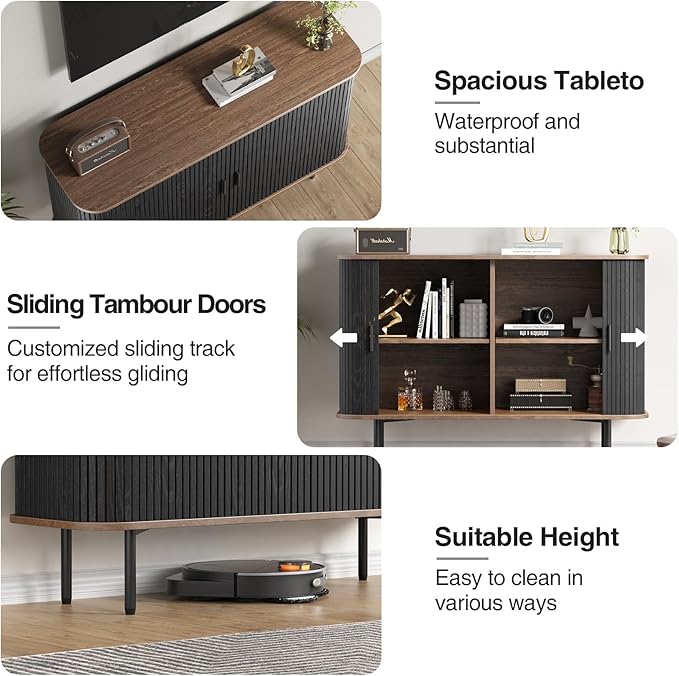 47''W x 32''H Black Buffet Sideboard Cabinet with Storage, Fluted Accent Storage Cabinet with Curvy Edge; Sliding Door, Freestanding Credenza, Console Table for Living Room, Kitchen, Hallway