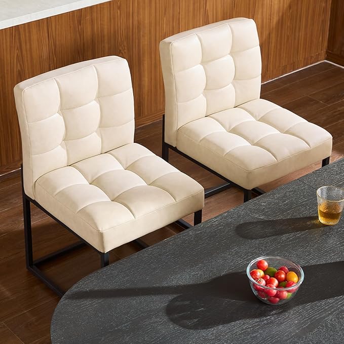 Beige Faux Leather Dining Chairs Set of 4, Mid-Century Modern Dining Room Chairs with Armless, Checkered Kitchen Chair with Metal Legs