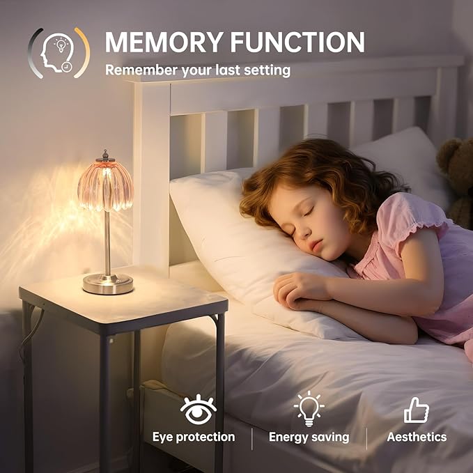 Tulip Table Lamp with 5200mAh Battery & Touch Control, Cordless Small Table Lamp with 3 Colors, Dimmable Rechargeable Table Lamps for Living Room, Bedroom, Desk, Bedside (Clear Pink Tulip)