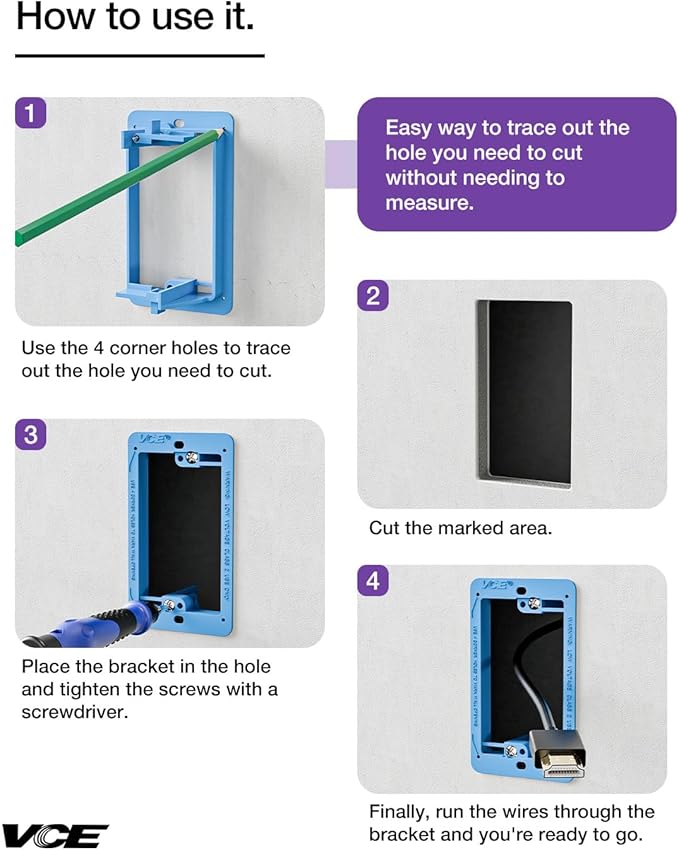 VCE Low Voltage Mounting Bracket Single Gang Wall Plate, Flush Low Voltage Box for Network, HDMI, Coaxial, Speaker, Telephone Cables, Blue, 5 Pack
