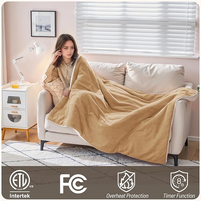 Electric Heated Blanket Throw 50"x60" - Soft Cozy Flannel & Sherpa Fabric Dual-Sided, 9 Heat Settings & 2-10 Hours Auto Off, Warming Heated Throw for Home Office, Machine Washable, Brown