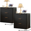 LEYAOYAO 23" Wide Fluted Farmhouse Night Stand Set of 2 with Charging Station, 3 Drawers Large End Table w/Metal Handle,Black Nightstand Bedside Table,Wood Dresser for Bedroom, Closet