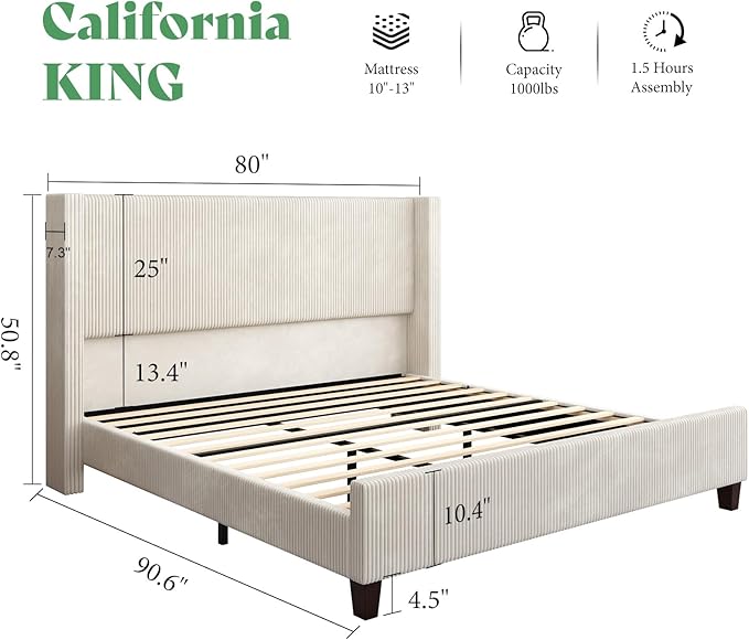 AMERLIFE California King Size Upholstered Bed Frame with 50.8" Tall Headboard, Wingback Platform Bed with Solid Wood Legs, Wooden Slats, Corduroy/No Box Spring Needed/Noise Free/Cream