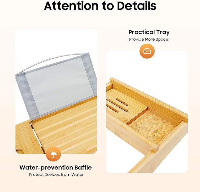 Bathtub Tray, Expandable Bamboo Bath Tray Wood Bath Caddy with Wine Glass Holder, Book & Tablet Stand for Bathroom Accessories Spa Relaxation Housewarming & Wedding Gift
