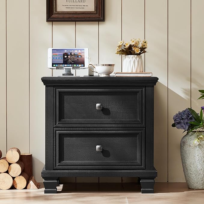 Farmhouse Nightstand with Charging Station, Rustic Low Night Stand with 2 Drawers, Mid-Century Modern End Table with 4 Square Solid Wood Legs, Small Dresser for Bedroom, Home, Black