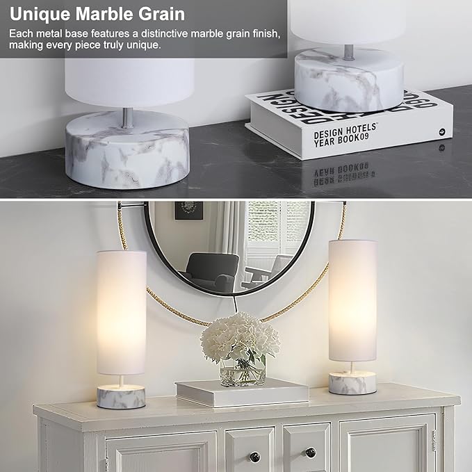 Touch Table Lamp with Metal Base Covered with Marble Grain, 3 Way Dimmable Modern Bedside Nightstand Lamp with White Shade, Simple Night Light for Bedroom Living Room Home Office, LED Bulb Included