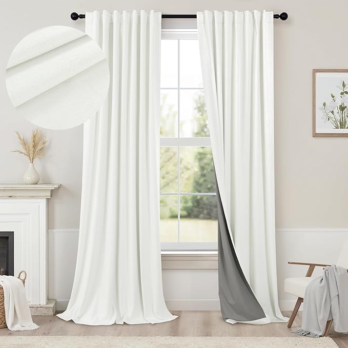 Ivory 100% Blackout Curtains 96 Inches Long 2 Panels Farmhouse Style Bedroom Windows Viral Basic Curtains for Living Room Black Out Neutral Drapes Linen Textured 52x96 Length Back Tab Pocket Off White
