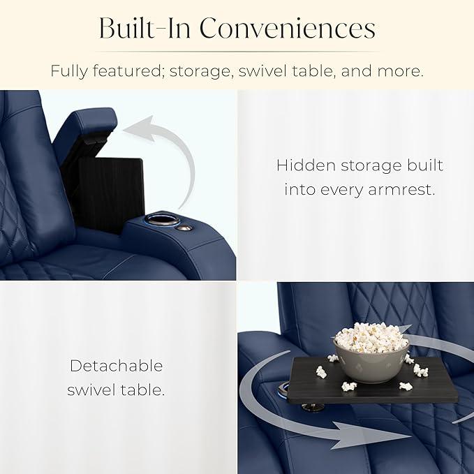 Seatcraft Diamante Zero-Gravity CoolZero Italian Leather Home Theater Seating, Power Headrest, Power Recline, Row of 3, Navy Blue