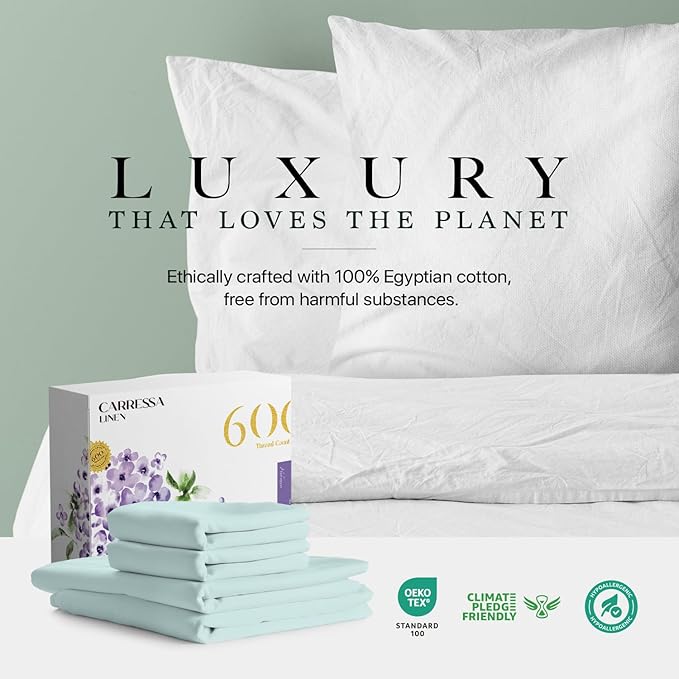 Carressa Linen California King Egyptian Cotton Sheet Sets - 600 Thread Count Cal King Cotton Sheet Set (4 PC, Seafoam Green), Extra Soft, Cooling, 16" Deep Pocket Sateen Weave Luxury Hotel Bed Sheets