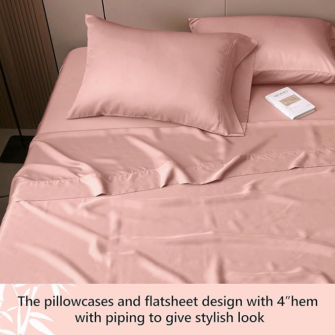 King Sheets, Rayon Derived from Bamboo, Cooling Bed Sheets Set,Deep Pocket Up to 16", 4 Pieces Silky Soft, Breathable Bedding Sheets & Pillowcases(Pink,King)