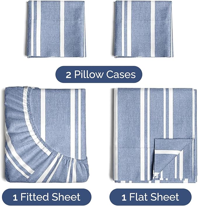 Twin XL 4 Piece Sheet Set - Cooling, Comfy & Breathable - Hotel Luxury Bedding Includes Fitted Sheet for Women, Men, Kids & Teens - 1 Flat, 1 Fitted Sheet, 2 Pillowcases w/Deep Pockets - Blue Stripes