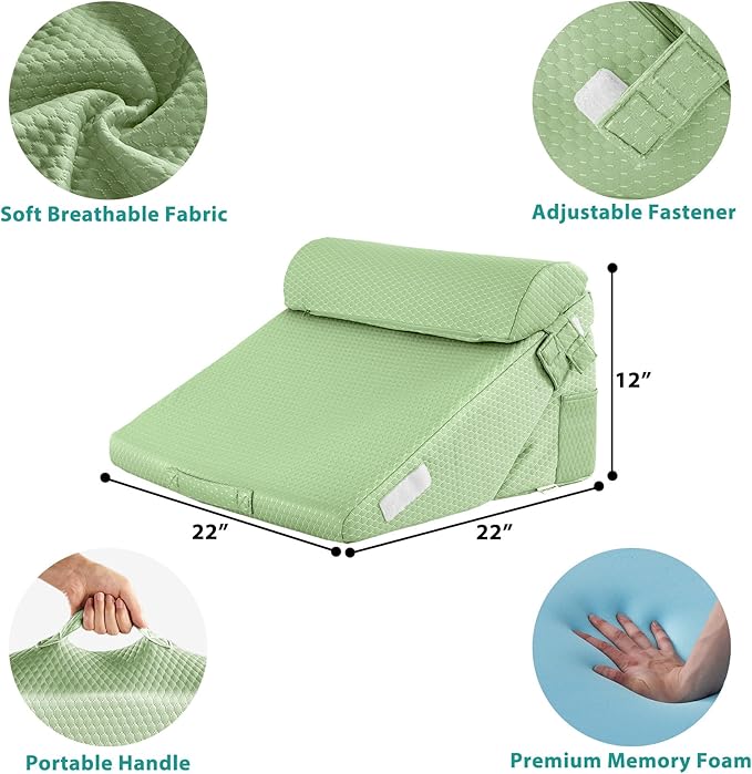Bedluxe 3Pcs Orthopedic Bed Wedge Pillow Set, Foam Wedge Pillow Post Surgery for Back, Leg and Knee Support, Adjustable 9&12 Inch Folding Triangle Pillow for Sleeping, Acid Reflux, Snoring, Green
