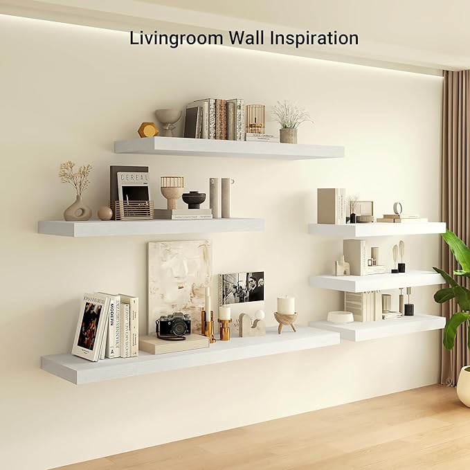 Heimlove 12 Inch Deep Floating Shelves, 55 x 12 inches Long Wall Shelf, Large Extra Display Shelf & Storage Shelf, Rustic Wood Wall Shelves for Fireplace Mantel, Set of 1(White)