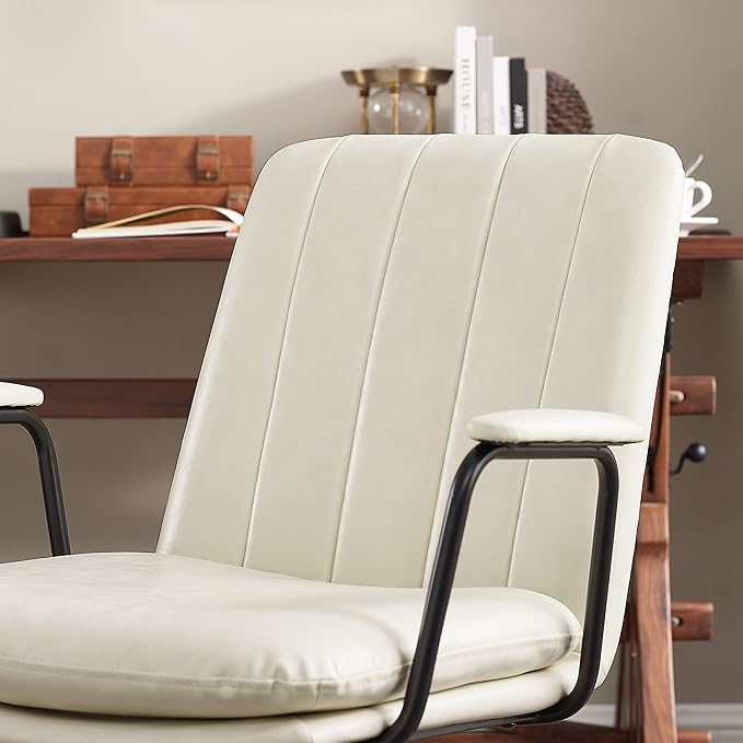 Art Leon Mid Century Modern Chair, Oak Legs Swivel Accent Chair No Wheels, Faux Leather Armchair for Small Spaces Home Office Living Room Bedroom, Off White