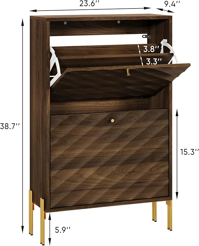 Smuxee Walnut Shoe Cabinet with 2 Flip Drawers, 23.6" Hidden Shoe Storage Cabinet with Golden Metal Feet, Freestanding Shoe Organizer Cabinet for Entryway, Hallway, Living Room