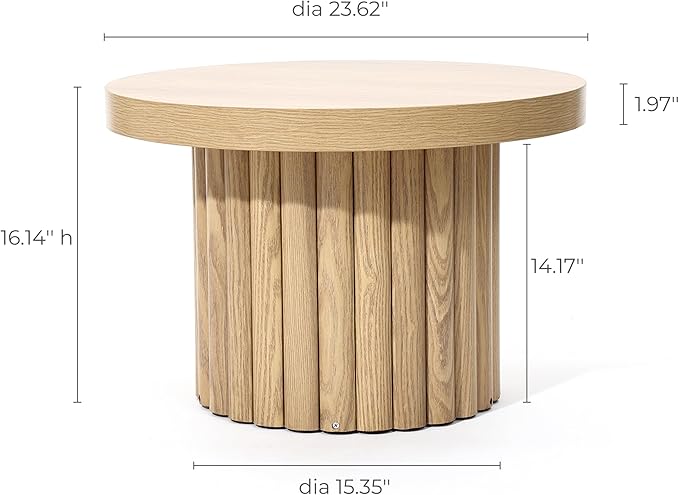 LuxenHome End Table, 23.6" Wide Brown Wood Fluted Round Coffee Table Modern Side Table for Living Room Round Wood Accent Table Bedroom Small Table