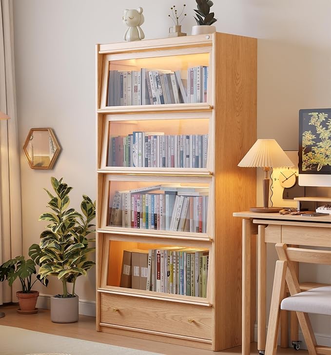 73" H Tall Solid Wood Bookcase with Flip-Up Tempered Glass Doors and 3 Color Led Lights,4 -Tier Wooden Bookshelf with 1 Drawer,Display Cabinet Kitchen Pantry for Living Room,Office