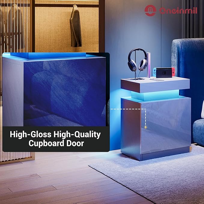 MXV Nightstand Set of 2 with LED Lights,Night Stand with Storage Cabinet for Bedroom,Bedside Table with LED (Grey, 17.7IN)