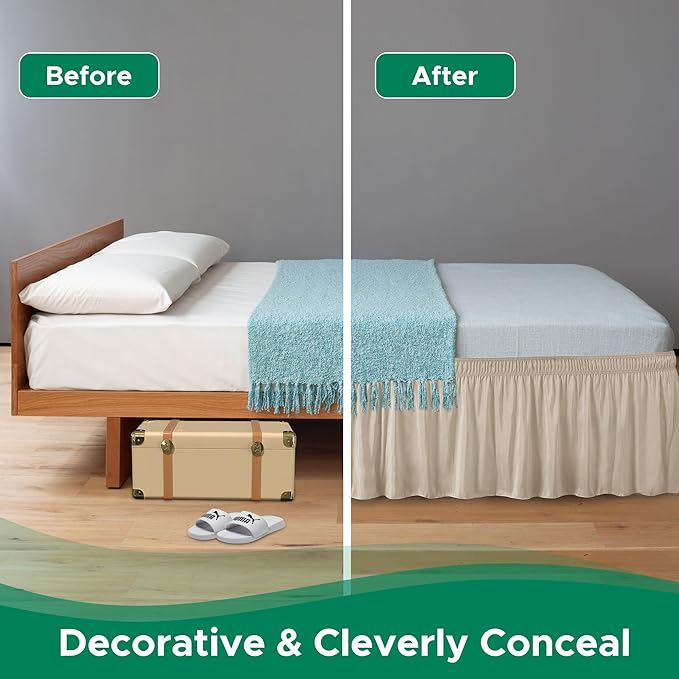 Biscaynebay Wrap Around Bed Skirts for Queen Beds with Extra Long Drop of 25", Light Camel Adjustable Elastic Dust Ruffles Easy Fit Wrinkle Resistant Silky Luxurious Fabric Machine Washable