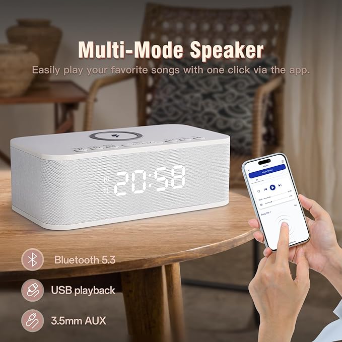 Dual Alarm Clock Radio Bedroom, Digital Alarm Clocks Bedrooms Bluetooth, Up to 10 Bedroom Alarms Clock White Noise 23 Soothing Sounds App/Button Control Snooze 12/24H FM Speaker Charging, White
