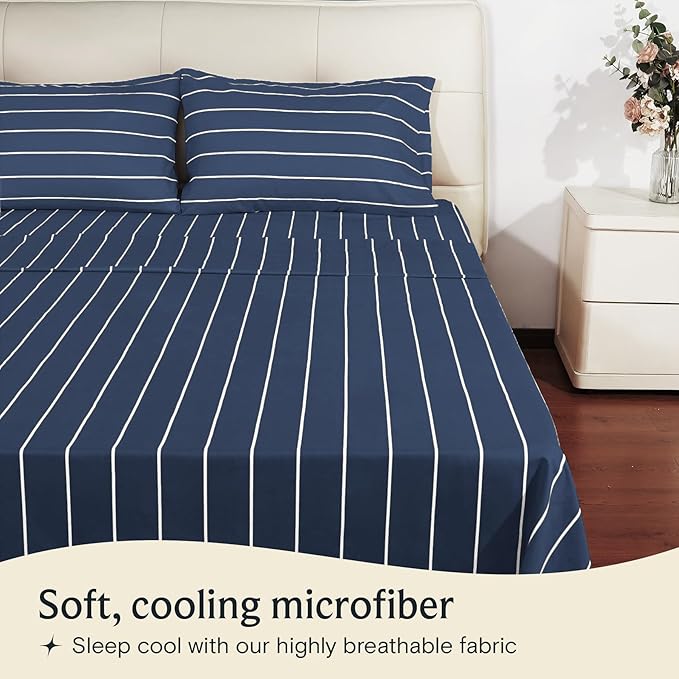 LuxClub 3 PC Twin Sheet Set, Deep Pockets Wrinkle Free Cooling Bed Sheets Hotel Bedding for Women, Men, Kids & Teens, Includes 1 Fitted Sheet, 1 Flat Sheet and 1 Pillowcase-Striped - Navy