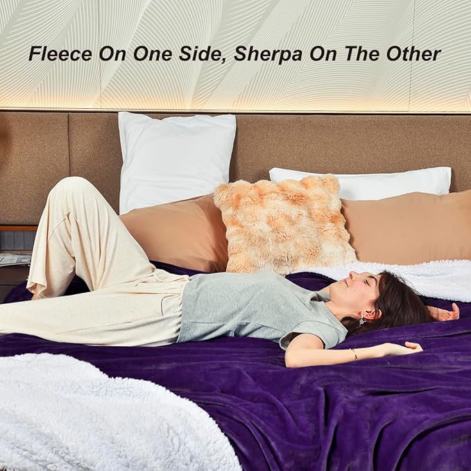 KAWAHOME Sherpa Fleece King Size Blanket for Bed - Extra Warm and Heavy Thick Blankets for Winter, Super Soft 500GSM Plush Blanket, 108" X 90" Purple