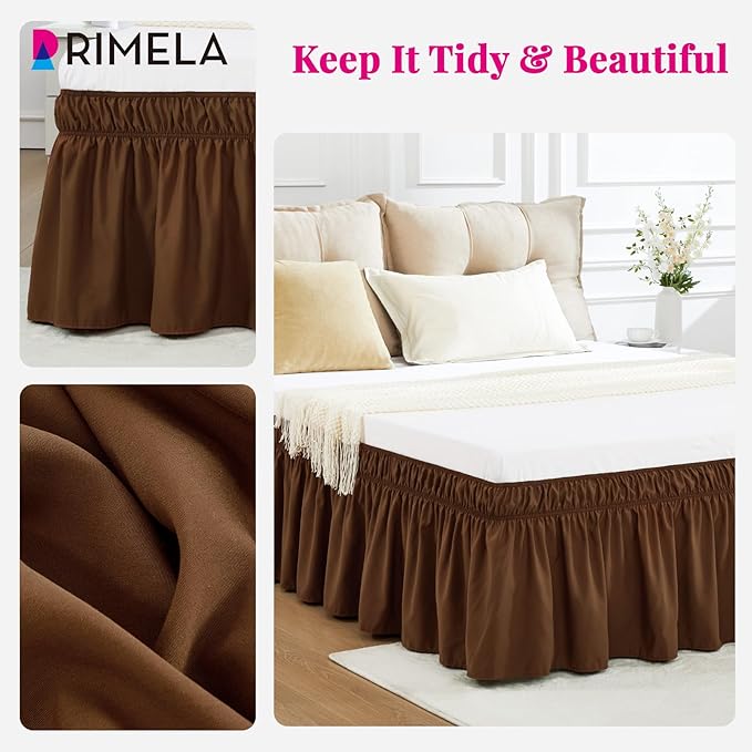 RIMELA Bed Skirt Queen Size 18 Inch Drop, Elastic Bed Skirting for Bed Base and Frame, Bedding Dust Ruffle Easy to Install,Wrap Around Adjustable Bedskirt, Chocolate Brown