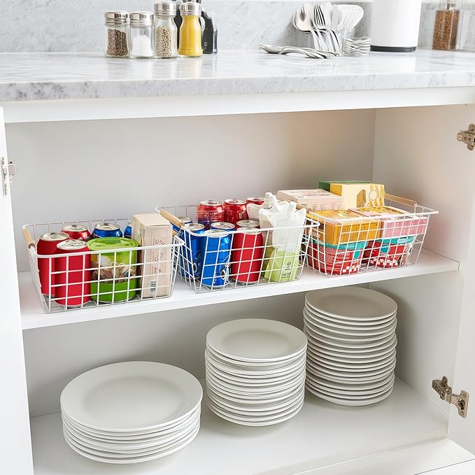 LeleCAT White Wire Baskets for Organizing with Handles，Pantry Organizers and Storage For Kitchen, Household Snack Basket for Cabinets, Closets, Bedrooms,food - Set of 4(White)