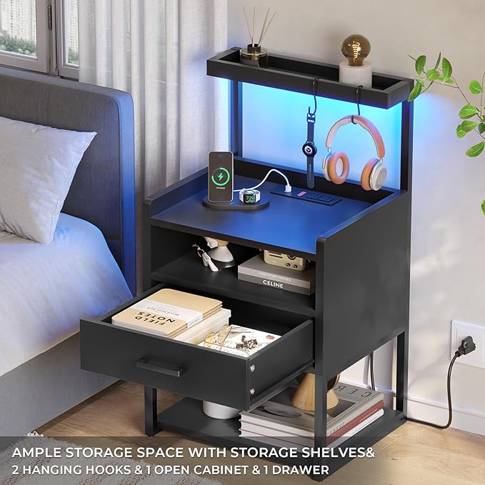 VIAGDO Nightstand with Charging Station and LED Lights, Black Night Stand with Drawer, Modern End Side Table with Open Storage Shelves, Bedside Tables for Bedroom, Office